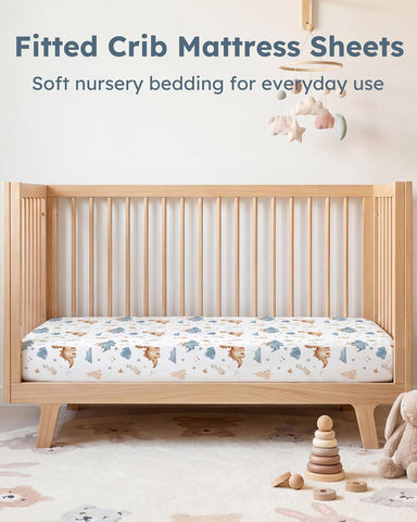 Baby Crib Sheets for Boys Girls, Toddler Bed Sheets Fitted for 52"x28" Standard Crib and Toddler Mattresses, 4 Pack Soft Stretchy Microfiber Khaki Blue Dinosaur