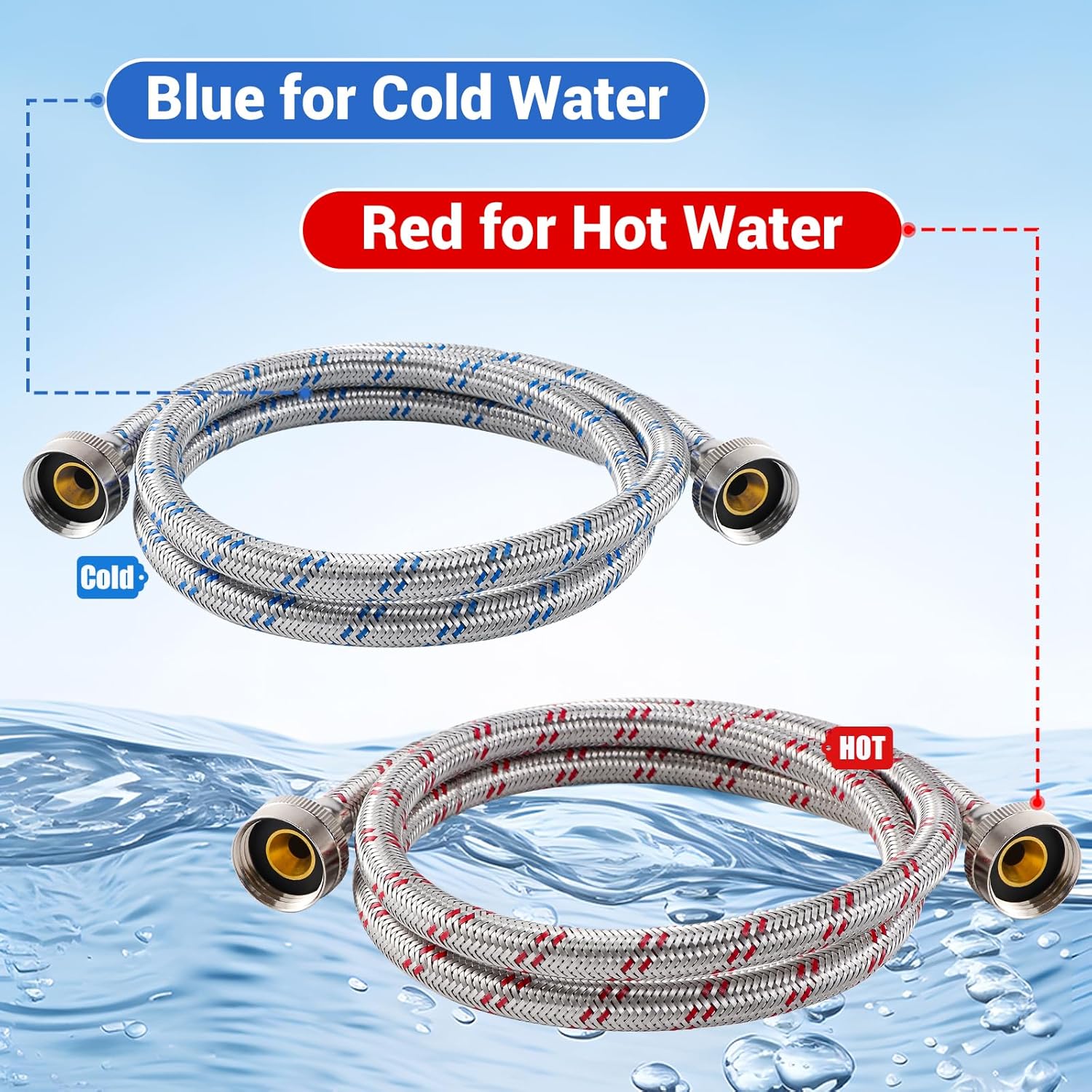 4 Ft Washing Machine Hoses, 2 Packs Premium Stainless Steel Washer Hoses Burst Proof, Hot and Cold Striped Water Supply Hoses with 3/4'' Standard Interface fit for ALL Washer