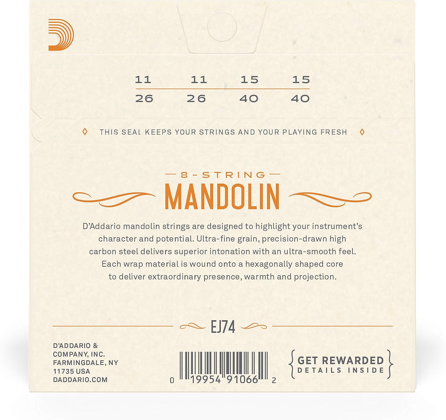 D'Addario Phosphor Bronze Mandolin Strings EJ74, 11-40