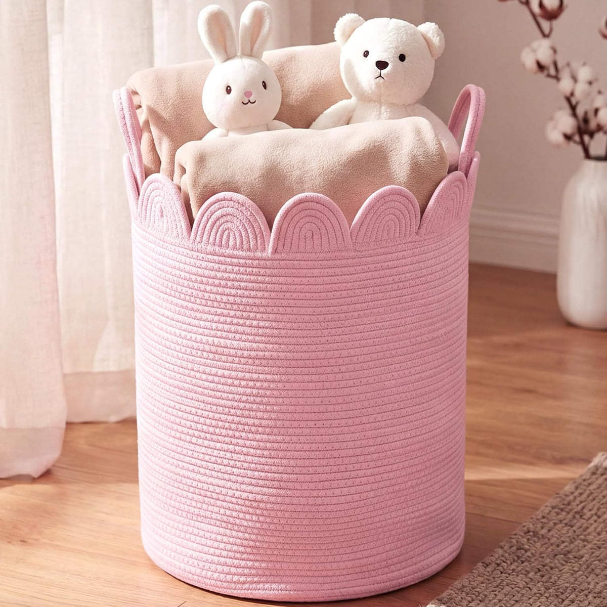 LemonRoad Pink Round Storage Basket Scalloped Cotton Rope Basket 15''x20''