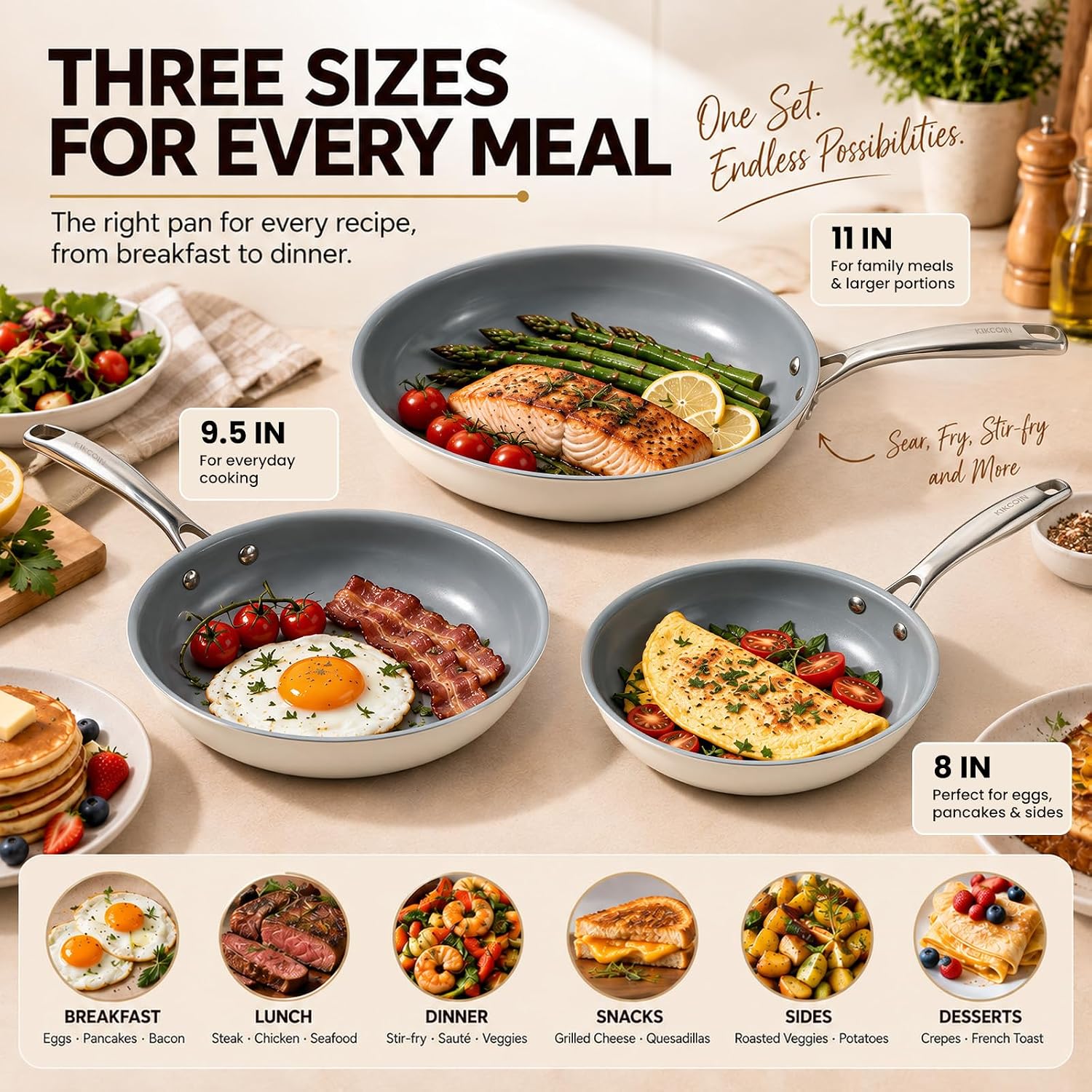 Kikcoin Ceramic Nonstick Frying Pans Set, 3 Piece Skillets (8"+9.5"+11")