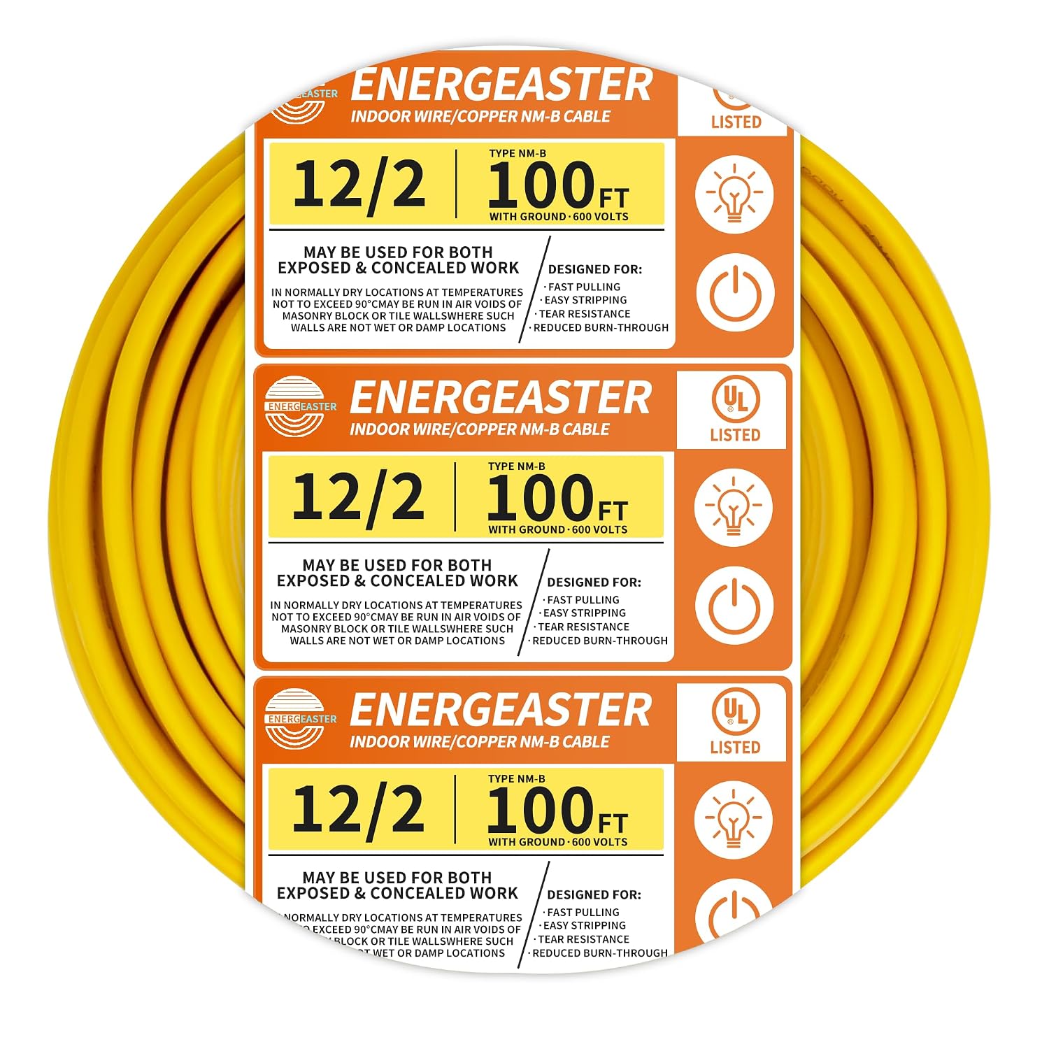 Energeaster Solid Indoor 12/2 W/G NMB Cable 100ft, Electrical Wire, Yellow