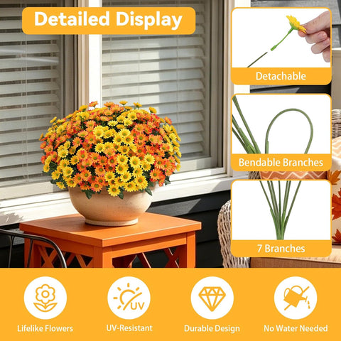 Ammyoo Artificial Mums Fake Fall Flowers for Outdoors Planter Porch Decor