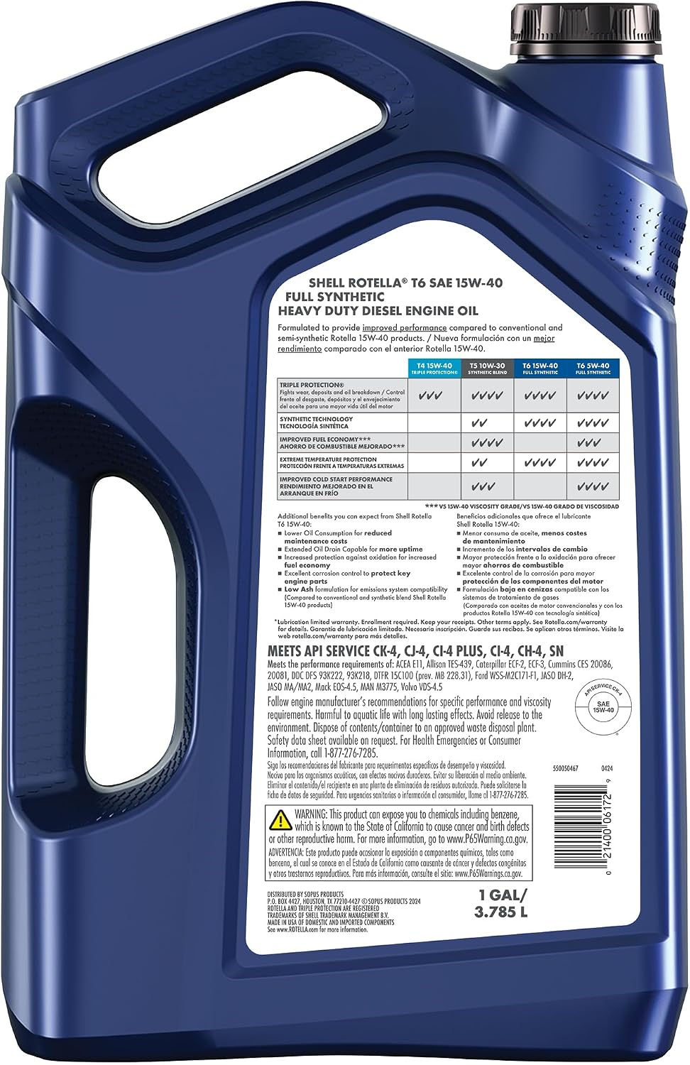 Shell Rotella T6 Full Synthetic 15W-40 Diesel Engine Oil, 1 Gallon (3 Pack)