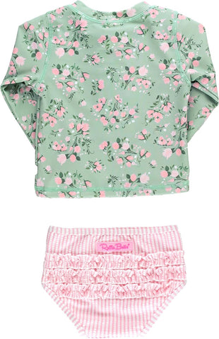 RuffleButts Girls Zipper Long Sleeve - Rash Guard 2-Piece Swimsuit UPF 50+