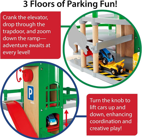 BRIO World Parking Garage - 7-Piece Wooden Toy Garage with 2 Cars, 1 Transporter Wagon, and Wooden Ramp Tracks - Works with All BRIO Train Sets - FSC-Certified - Sparks Creativity & Fun - Ages 3 & Up