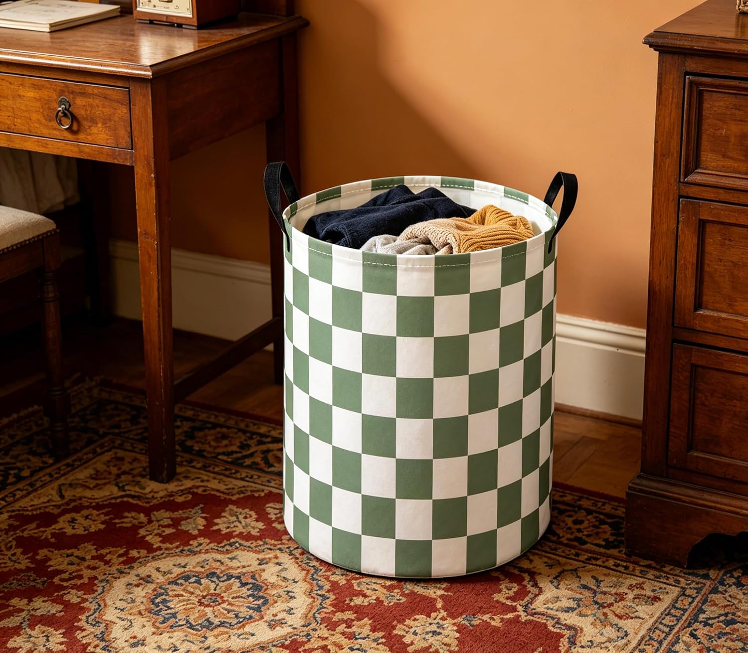 Baby Laundry Hamper Basket Baby Hamper for Nursery Boy and Girl Cute Storage Bin Organizer Boho Room Decor(Green Checkered)