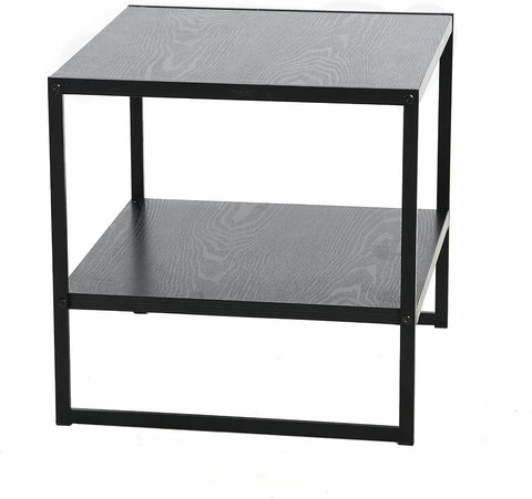 Household Essentials Square Side End Table with Storage Shelf, Oak Wood Grain and Black Metal Frame, Black