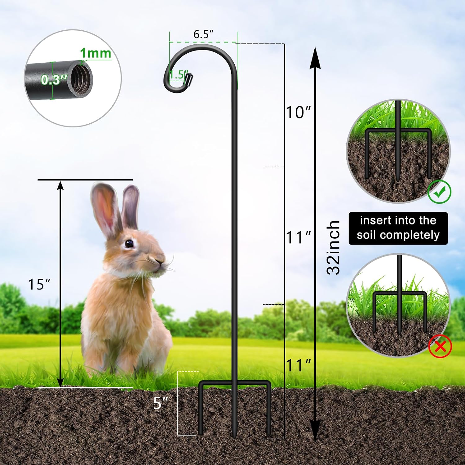 FEED GARDEN 32" Small Shepherd Hooks for Outdoor,Adjustable Decorative Garden Hooks for Solar Lanterns, Hanging Plants, Wind Chimes & Garden Decor, 2 Pack