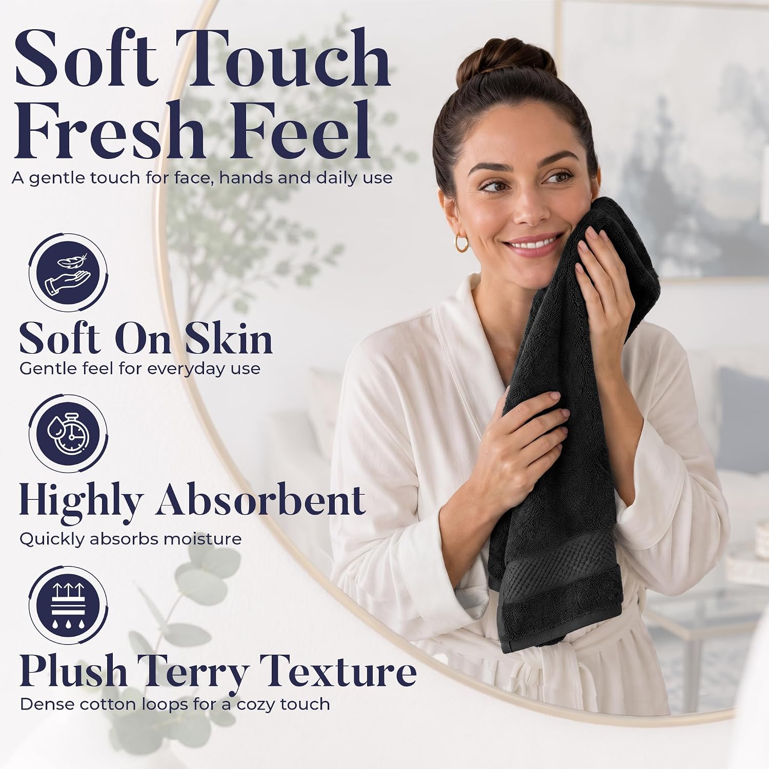 DAN RIVER 6-Pack Premium Hand Towels (16x28 Inches) - 100% Cotton, Ultra Soft, Lightweight, Highly Absorbent Towels for Bathroom, Spa, Gym, Salon, Hotel, and Travel - Black