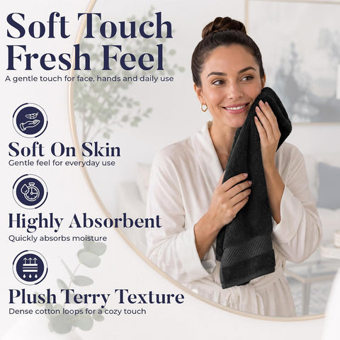DAN RIVER 6-Pack Premium Hand Towels (16x28 Inches) - 100% Cotton, Ultra Soft, Lightweight, Highly Absorbent Towels for Bathroom, Spa, Gym, Salon, Hotel, and Travel - Black