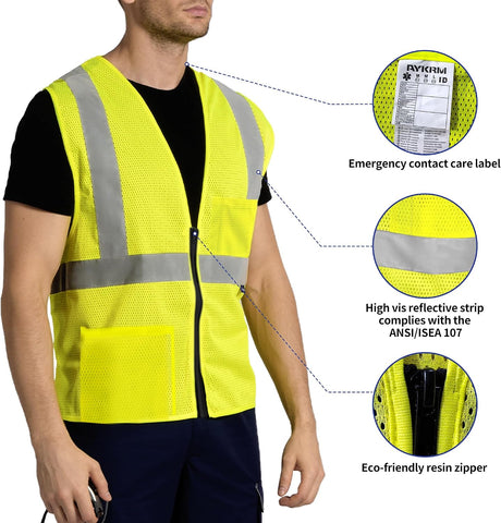 AYKRM 2 Pocket Mesh High Visibility Reflective Safety Vest for men & Women ANSI/ISEA 107 Standards