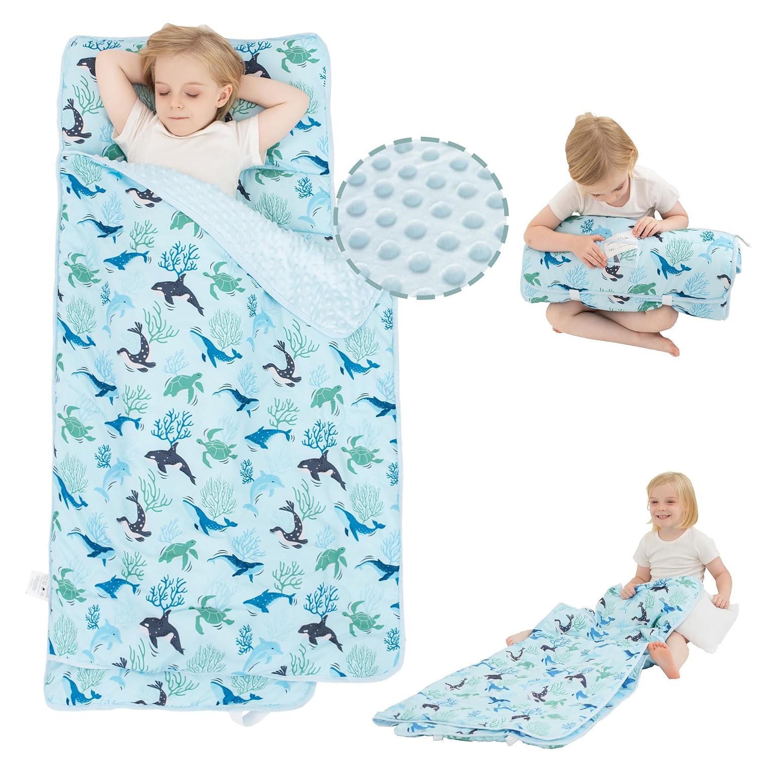 Viviland Toddler Nap Mat, Rolled Sleeping Mats with Pillow and Minky Dot Blanket for Girls Boys, Kids Slumber Bags/Nap Mat for Preschool, Daycare, Kindergarten, Travel Camping - Blue Ocean Whales