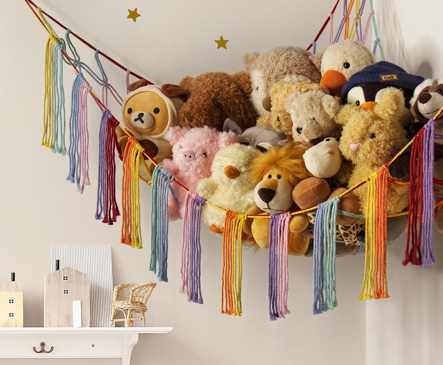 RelaxScene Stuffed Animal Hammock Corner with LED Light - Toy Storage Hammock Plushie Net Large - Cute Stuff Animals Holder Hanging Organizer - Baby Room Rainbow Decor Kids Toddler Nursery Bedroom