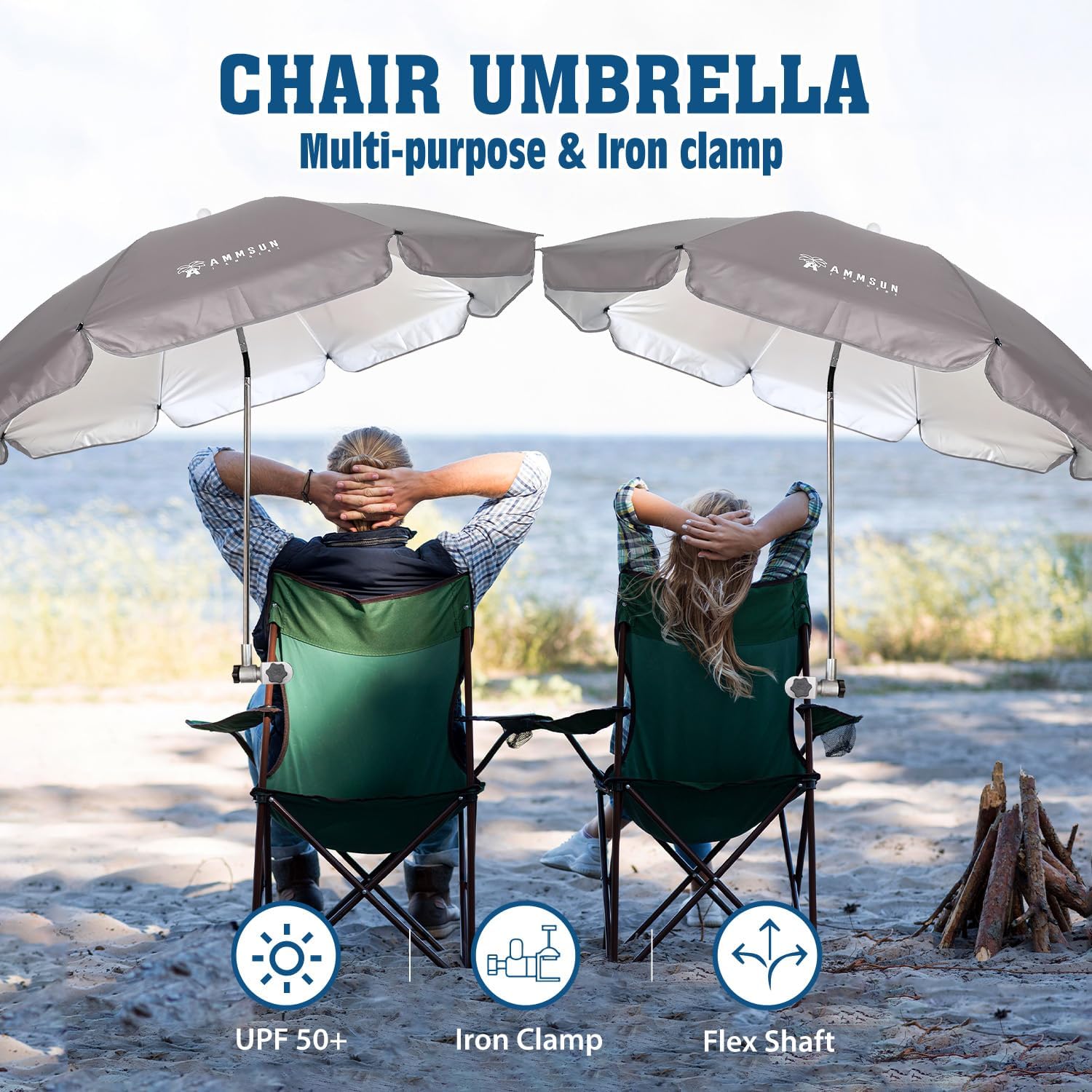 AMMSUN Chair Umbrella with Universal Clamp Adjustable 47 inches and 360° Swivel & UPF 50+ Protection Portable Sun Umbrella, Secure Clip on Camping/Beach Chairs, Stroller, Wheelchair, Golf cart, Lounger, Grey, 2 PACK