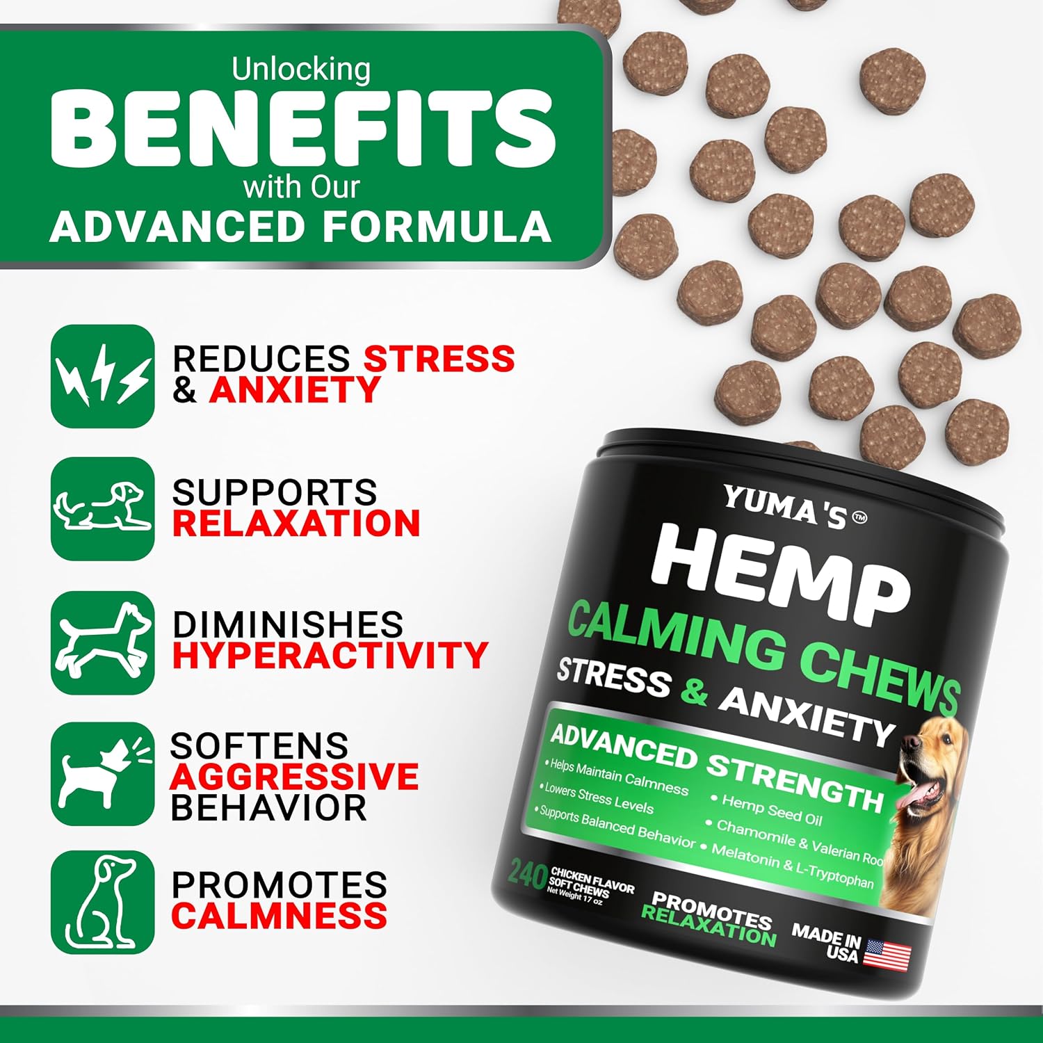 Hemp Calming Chews for Dogs - 240 Treats - Advanced Dog Calming Chews