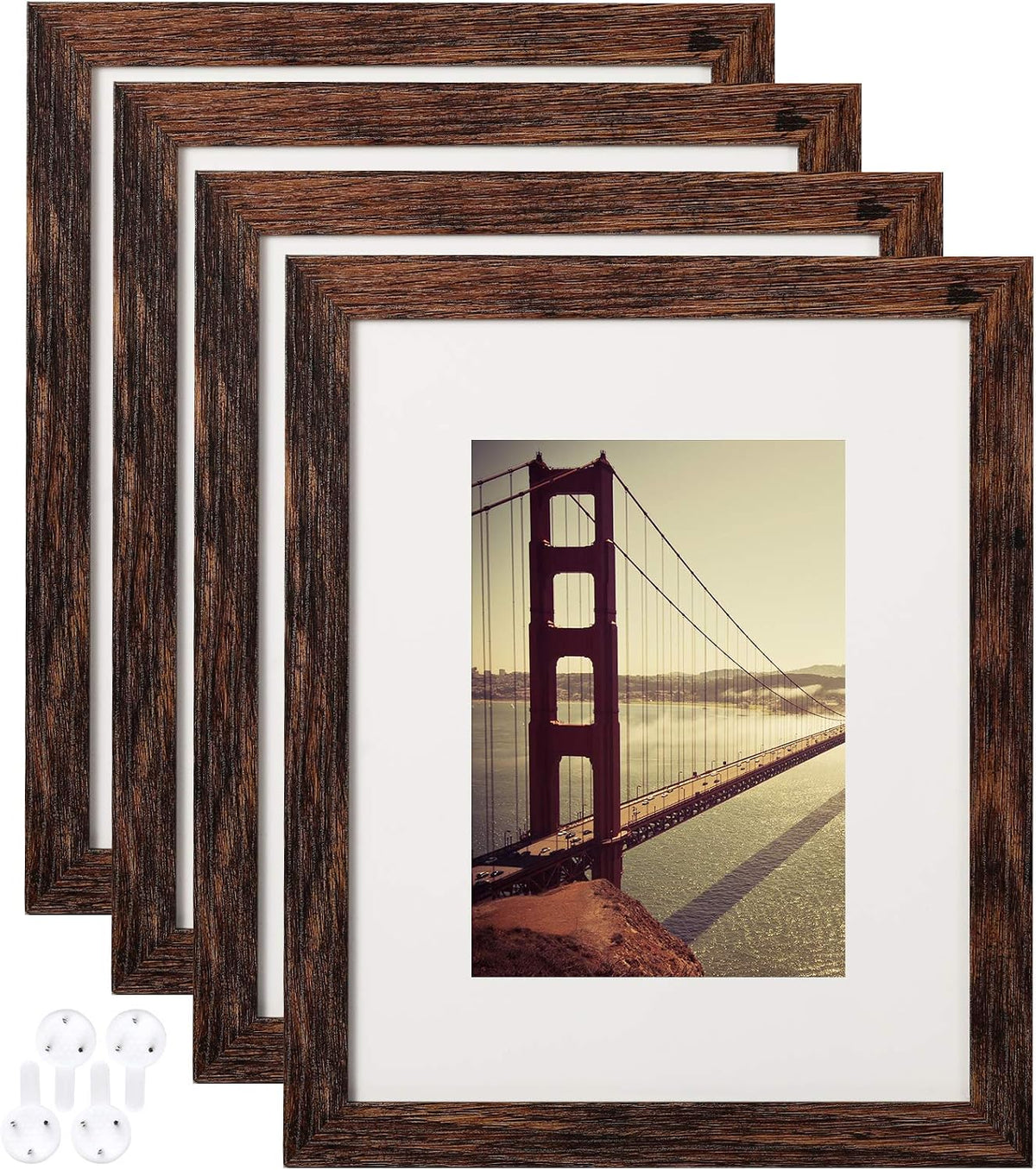 BAIJIALI 8x10 Picture Frame Rustic Brown Wood Pattern Set of 4 with Tempered Glass,Display Photos 5x7 with Mat or 8x10 Without Mat, Horizontal and Vertical Formats for Wall and Table Mounting