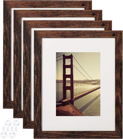 BAIJIALI 8x10 Picture Frame Rustic Brown Wood Pattern Set of 4 with Tempered Glass,Display Photos 5x7 with Mat or 8x10 Without Mat, Horizontal and Vertical Formats for Wall and Table Mounting