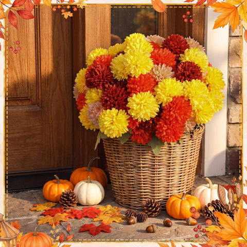 XunYee 12 Pcs Fall Artificial Flowers for Outdoor,Assorted Faux Mums