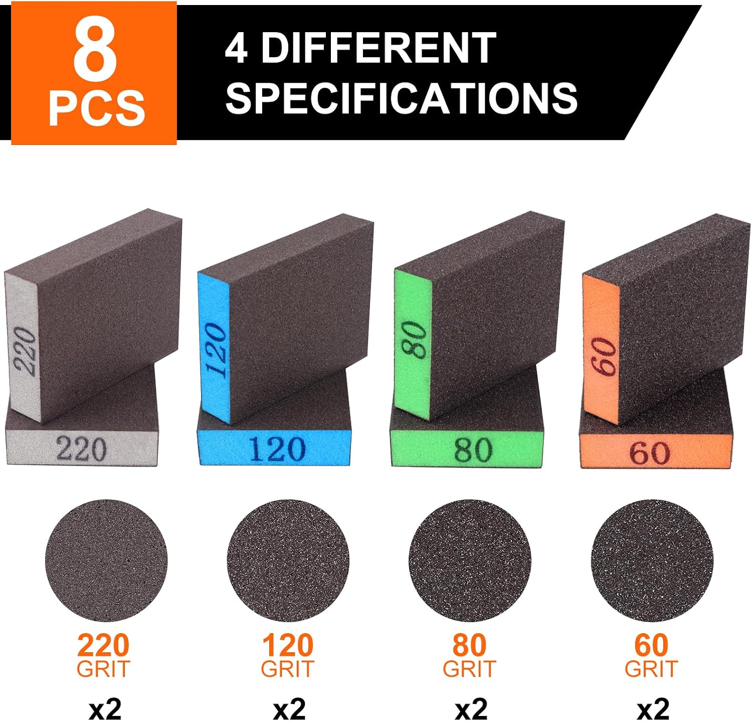 Romeda 8-Pack Sandpaper Block, Four Grits Per Pack 60/80/120/220, Washable and Reusable Handmade Sanding Sponge, Drywall Sandpaper Blocks for Wooden Drywall Sheetrock and Metal Glazing