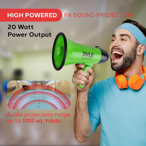 Pyle Compact 20-Watt Megaphone Speaker with Microphone, Siren, Bullhorn - Battery Operated, Foldable Handle, 2 Modes, 1000 Yards Range - Perfect for Cheerleading, Police, Football, and more - Green