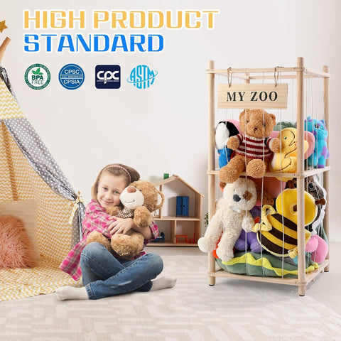 GLDZI Stuffed Animal Storage Zoo, Wooden Stuffed Animal Organizer with Elastic Cords for Boys Girls, Space Saving Toy Plushies Storage Holder for Playroom, Bedroom, Living Room (Burlywood, Small)