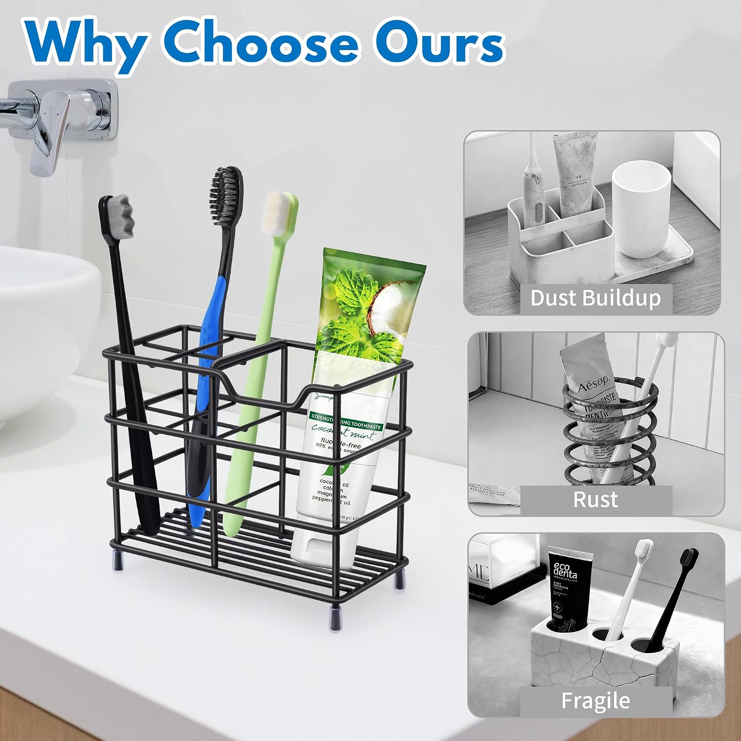 Toothbrush Holders for Bathrooms 304 Stainless Steel Quick Drying Black