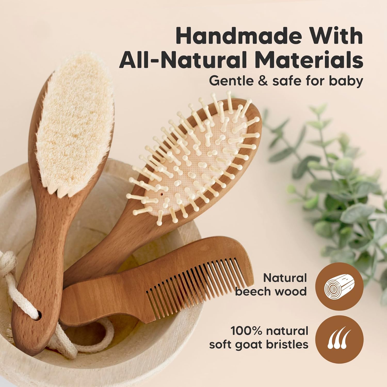 Wooden Baby Hair Brush Set for Newborns, Toddler Comb (Dark Walnut, Regular)