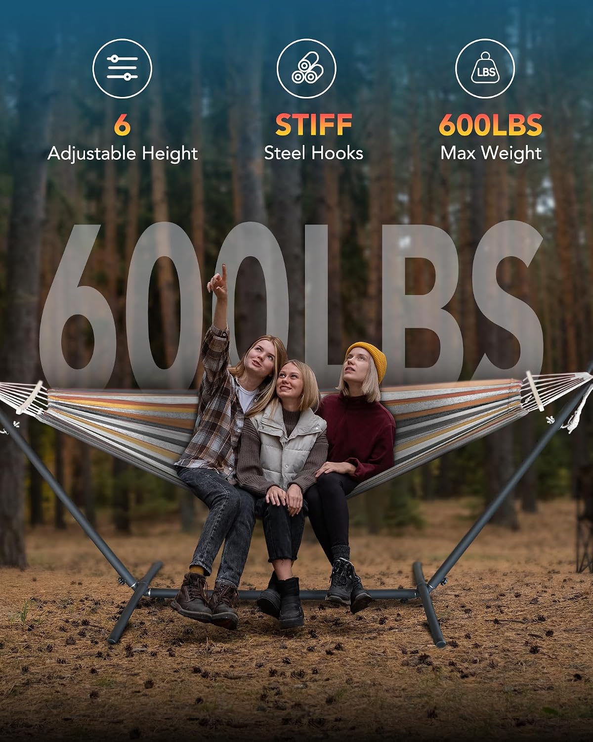 Everyfun Double Hammock with Stand for 2 Person, 600 lb Capacity, Coffee