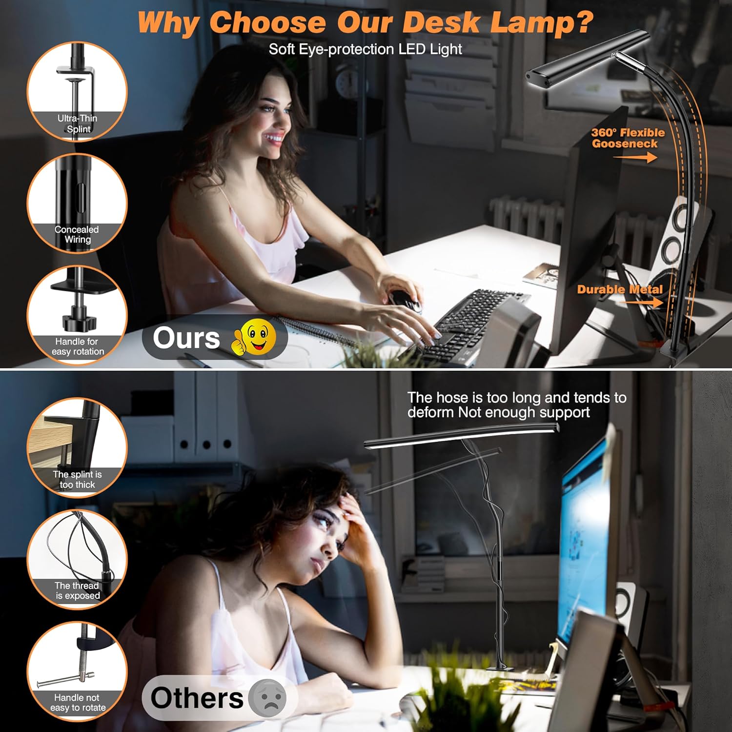 Airlonv LED Desk Lamp with Clamp, 17" Stepless Dimming Light, Black