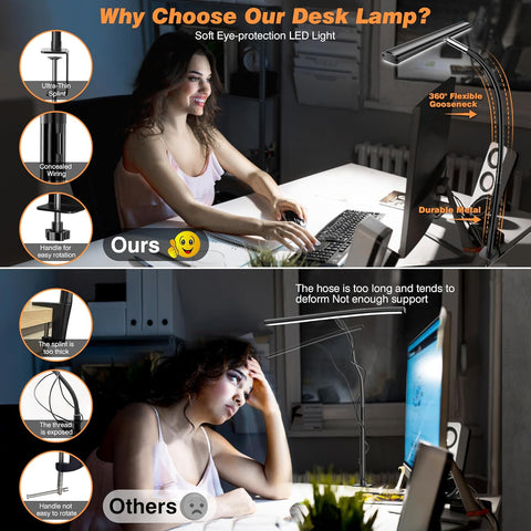 Airlonv LED Desk Lamp with Clamp, 17" Stepless Dimming Light, Black