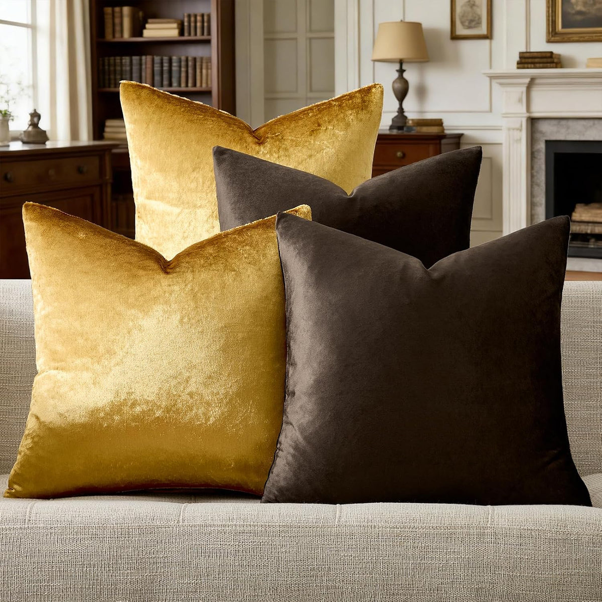 GIGIZAZA Pack of 4 Decorative Velvet Pillow Covers 18x18 Brown Gold