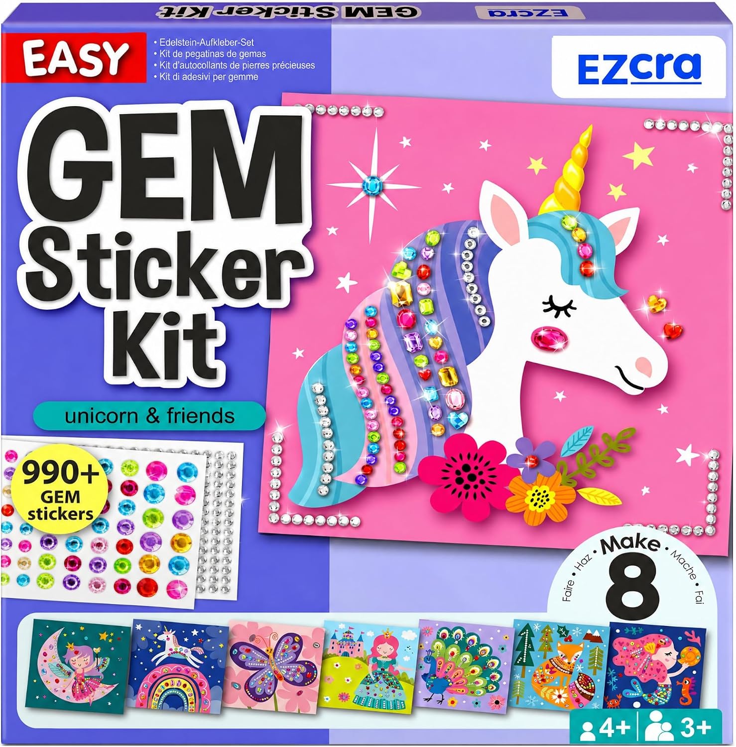 EZCRA Gem Sticker Kit for Kids - 990+ Stickers, 8 Unicorn Princess Themes