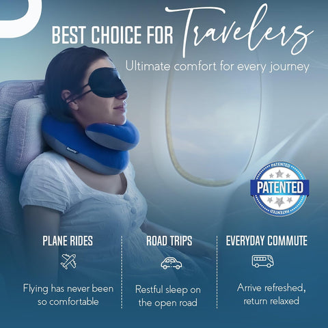 BCOZZY Organic Cotton Travel Neck Pillow for Airplane - Patented Double Support for Head, Neck & Chin. Soft, Adjustable for Comfortable Resting on Flights, Car Rides & Recliners. Washable, Large, Navy