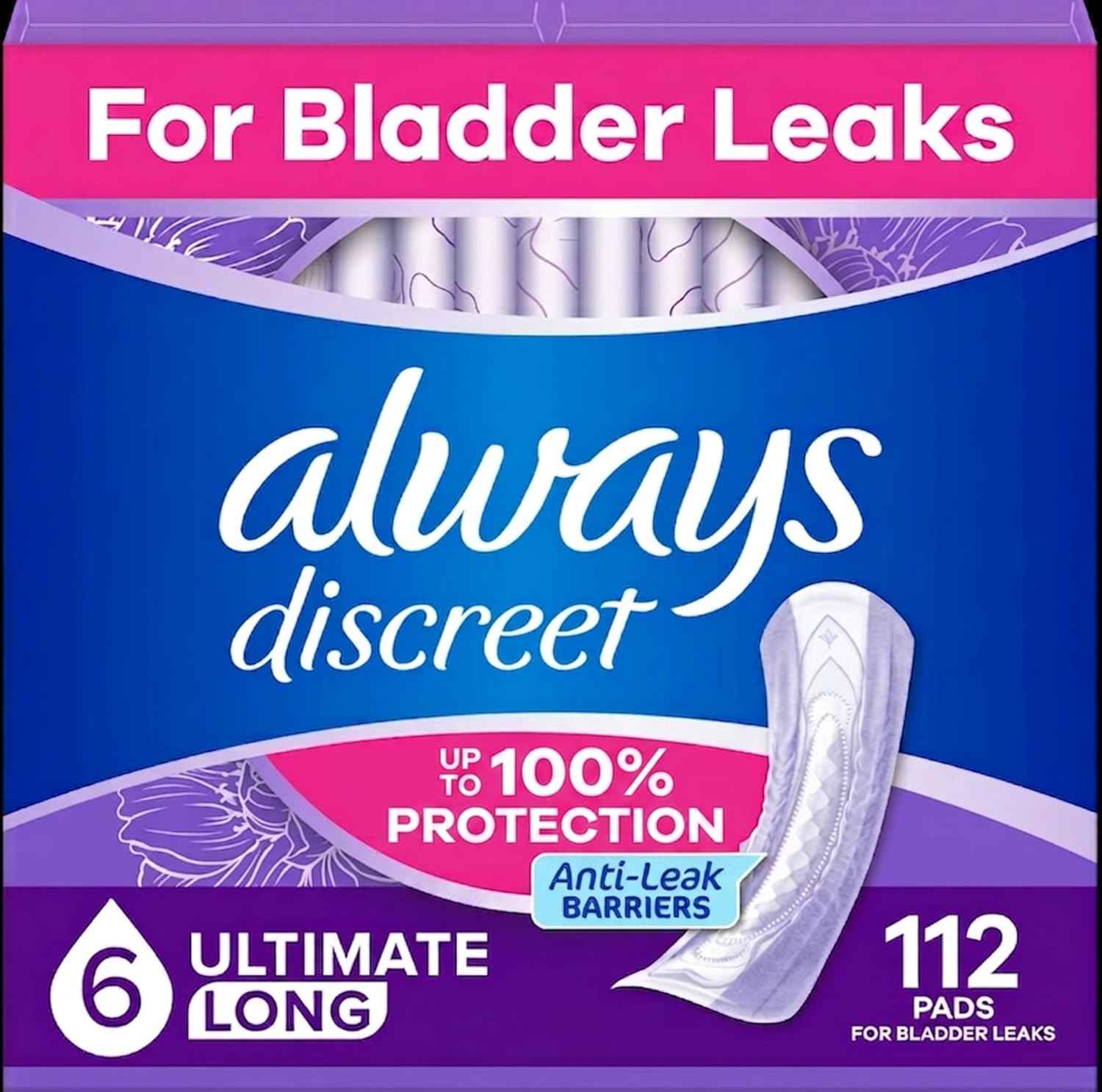 Always Discreet Adult Incontinence Pads for Women, Drier, 6 Drop Long Length, Extra Heavy Absorbency, Pads for Bladder Control Management, Bladder Leaks, & Postpartum Pads, 112ct