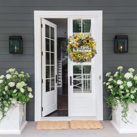 Sunflower Farmhouse Bee Wreath for Front Door, Sunflower Wreath Autumn Rustic Farmhouse Reef Outdoor Summer Gifts Home Yellow Floral Butterfly Bumble Garland