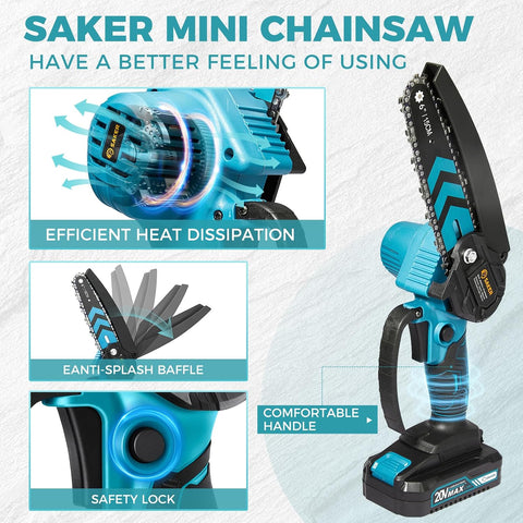 Saker Mini Chainsaw,6 Inch Electric Chainsaw Cordless with 2 Batteries Blue