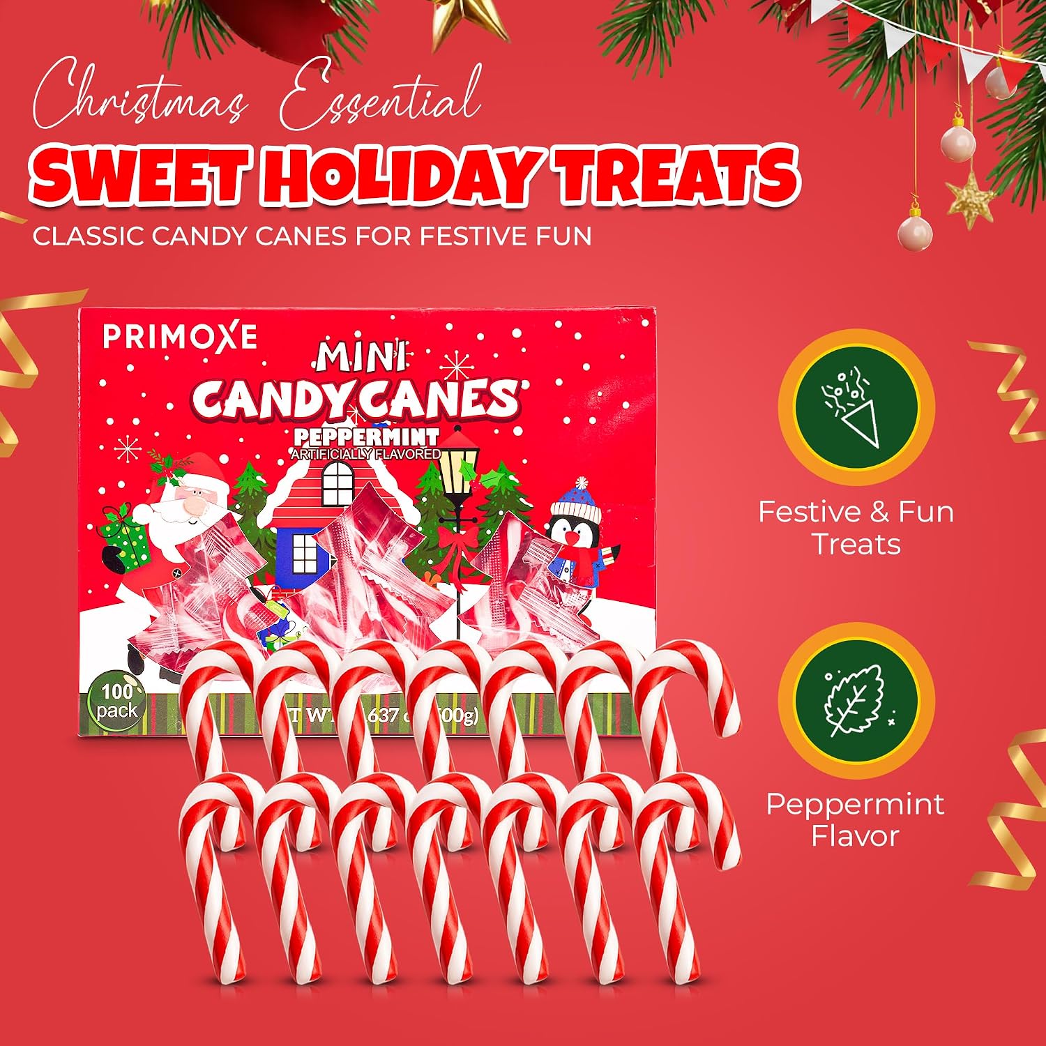 Christmas Candy Mini Canes Stocking Stuffer Red and White Peppermint Sticks Candy Canes Individually Wrapped Bulk Christmas Candy for Décor, Parties & Gifts – 100 Count