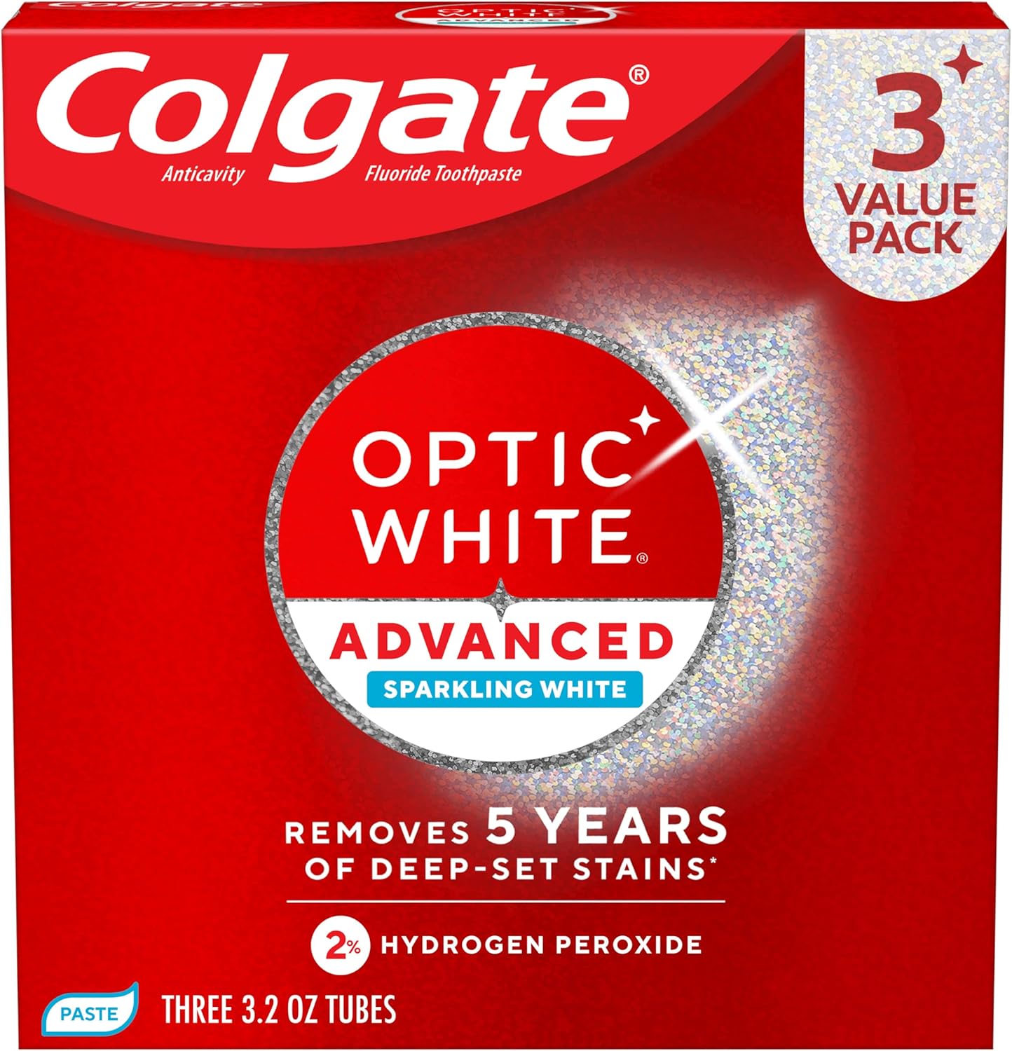 Colgate Optic White Advanced Hydrogen Peroxide Toothpaste, 3 Pack, 3.2 oz