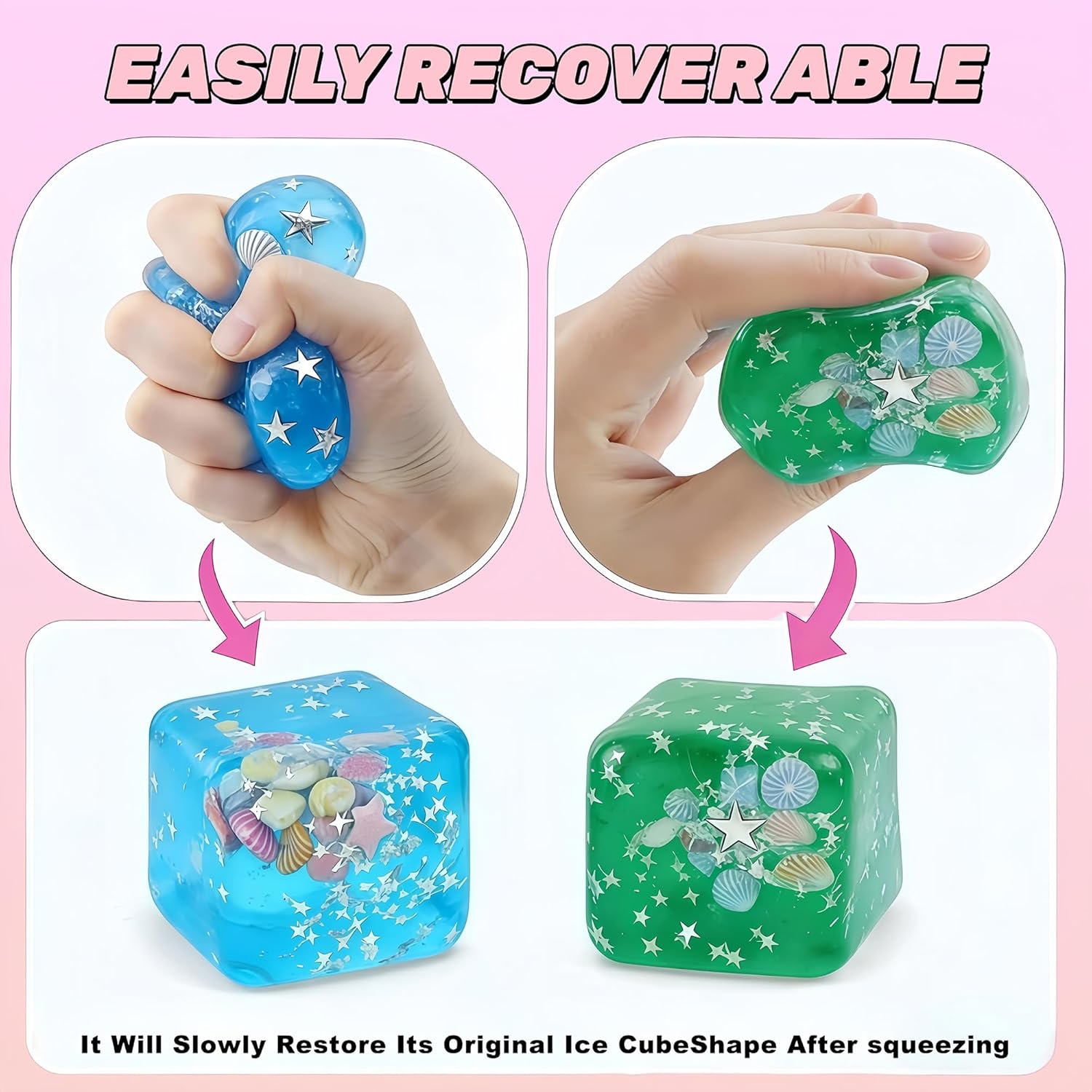 Ice Cube Cube Fidget Toys - Sensory Toys for Adult with Real Sea Shells, Squishy Fidget Toy for ADHD, Anxiety Relief | Non-Toxic Squeeze Ball for Focus & Calm for School, Office