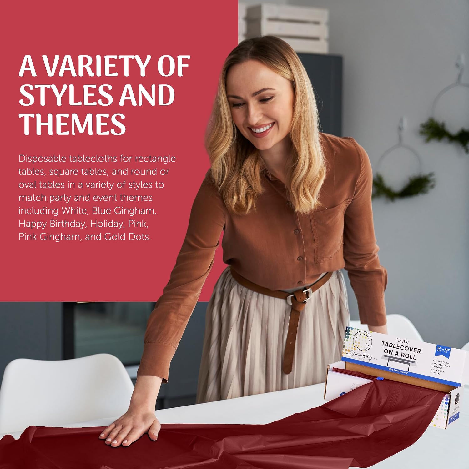 Grandipity Plastic Rectangular Tablecloth Roll, 54x100' Burgundy, Disposable with Cutter Box, Wrinkle-Resistant, Waterproof, for Parties & Events