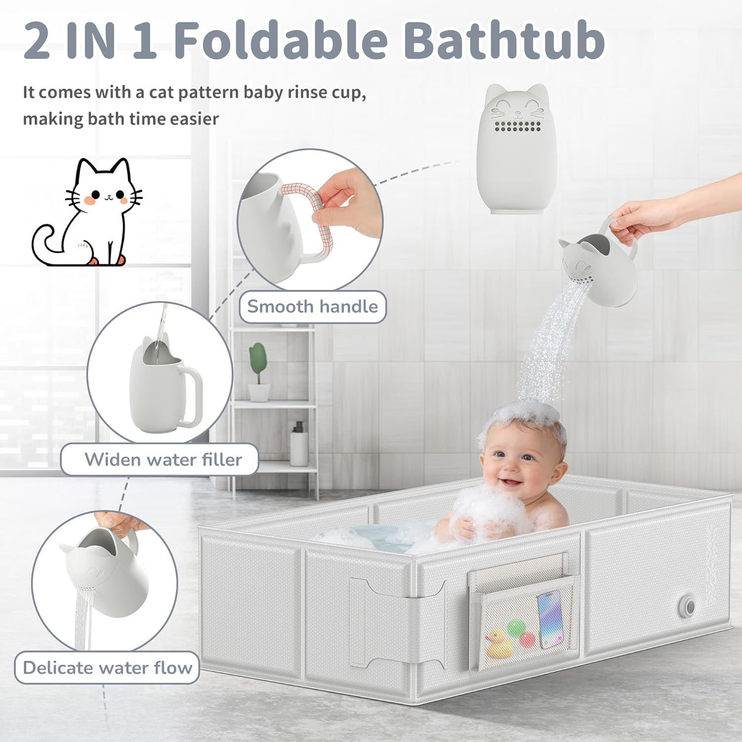 Baby Bathtub, Portable Bathtub with Cat-Patterned Bath Rinse Cup,Foldable Bath Tub for Small Bathroom,Toddler Tub for 6M-5Y,Ideal for Baby Travel Essentials & Baby Shower Gifts
