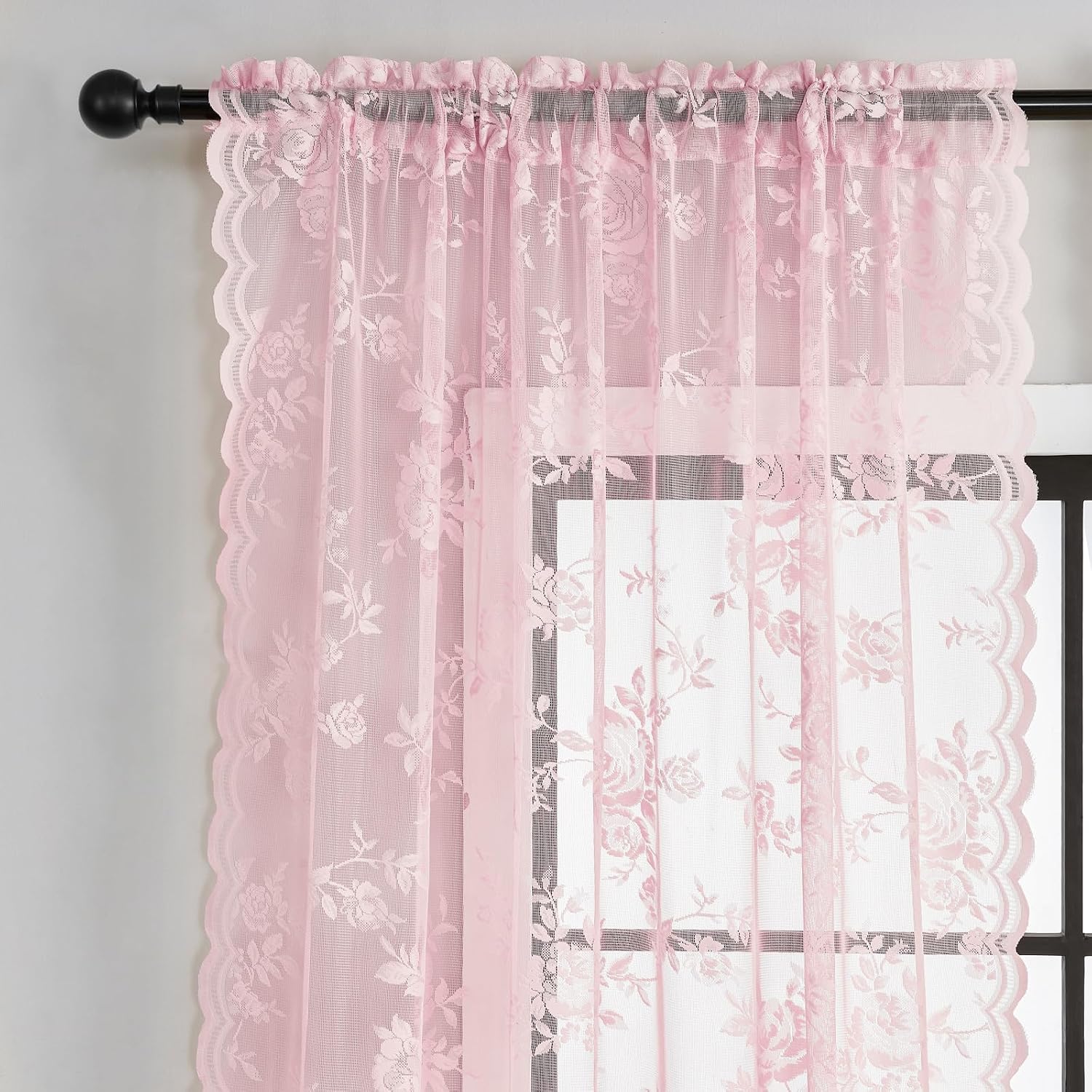 72 Inch Pastel Pink Lace Curtains 2 Panels Rod Pocket Big Flower Embroidery Semi Sheer Privacy Scalloped Hem Drapes for Dining Room Transitional Romantic Style Girls Women Blush Nude Rose, 52x72