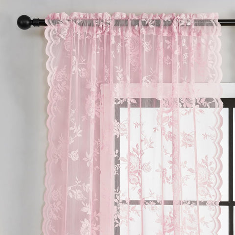 72 Inch Pastel Pink Lace Curtains 2 Panels Rod Pocket Big Flower Embroidery Semi Sheer Privacy Scalloped Hem Drapes for Dining Room Transitional Romantic Style Girls Women Blush Nude Rose, 52x72