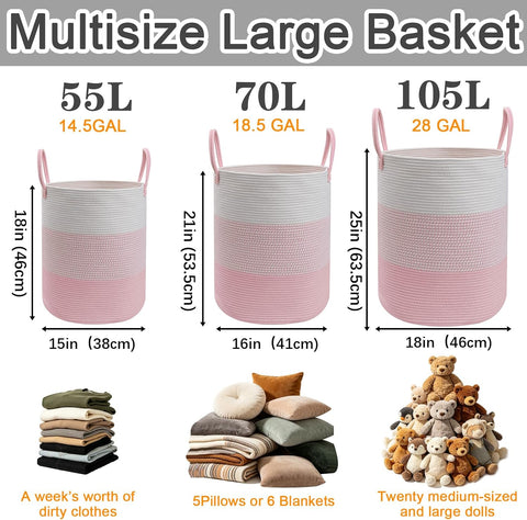 Large Laundry Basket, Cotton Rope Nursery Hamper with Handles-Pink