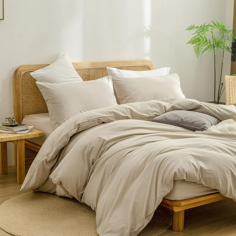 BESTOUCH Cotton Solid Duvet Cover Set Linen Feel Almond Milk Grey Twin