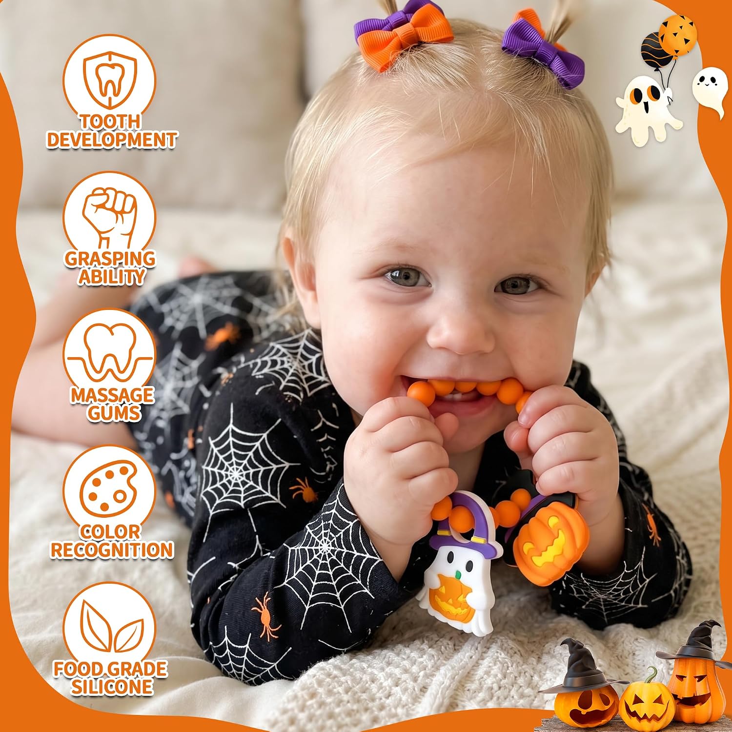 Baby Halloween Teething Toys, Soft Pumpkin & Ghost Textured Silicone Teether for 3-6 6-12 Months, BPA-Free Baby Halloween Teether Toys, Boo Basket Stuffers Sensory Gifts for Infant Boys & Girls