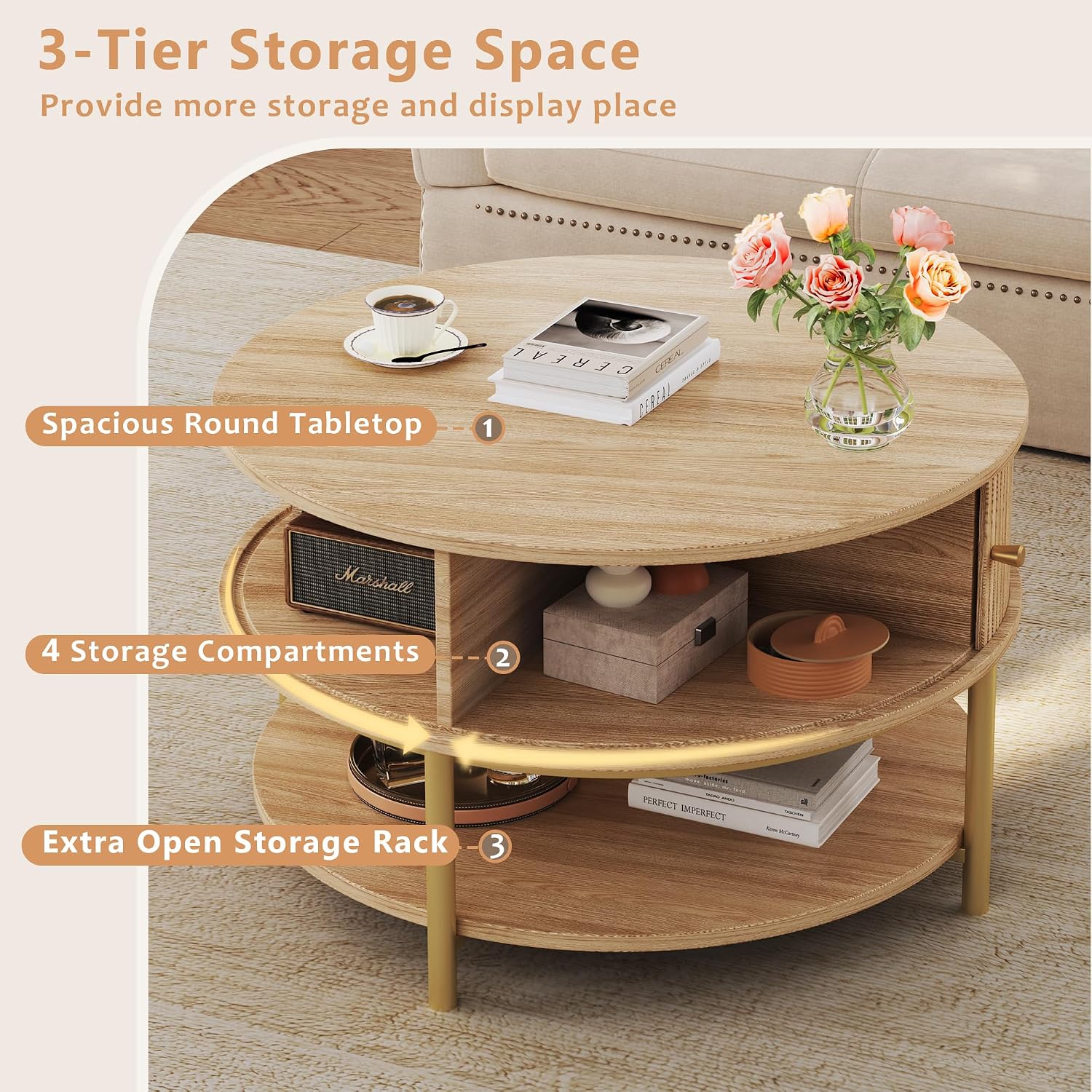 23.6" Round Coffee Table with Storage, 3-Tier Small Round Coffee Table with Sliding Cabinet Door & Round Metal Legs, Mid Century Modern Coffee Tables for Living Room, Oak