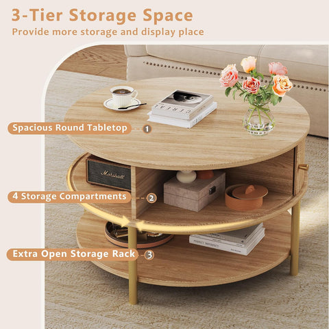 23.6" Round Coffee Table with Storage, 3-Tier Small Round Coffee Table with Sliding Cabinet Door & Round Metal Legs, Mid Century Modern Coffee Tables for Living Room, Oak