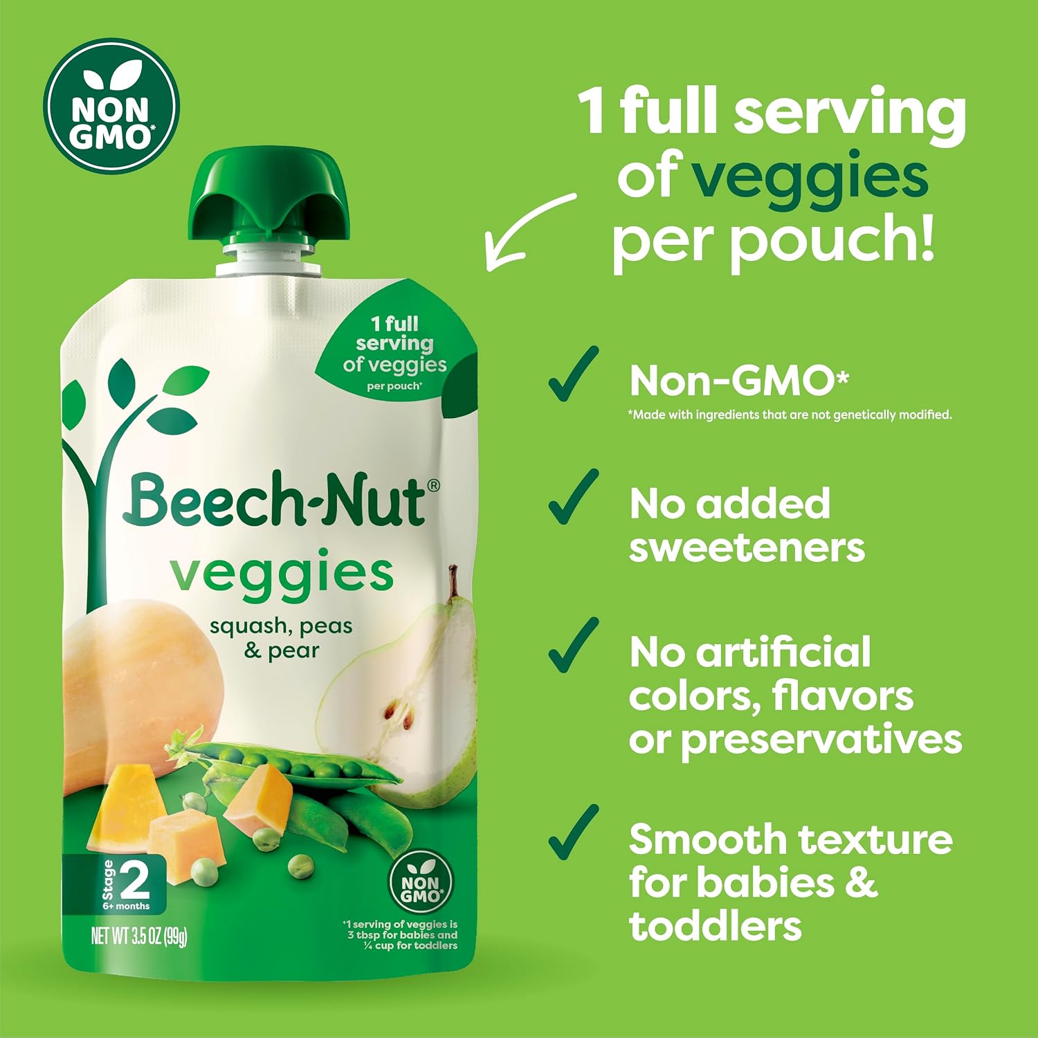 Beech-Nut Baby Food Pouches, Squash Peas Pears Veggie Puree Baby & Toddler Food, 3.5 oz (24 Pack)